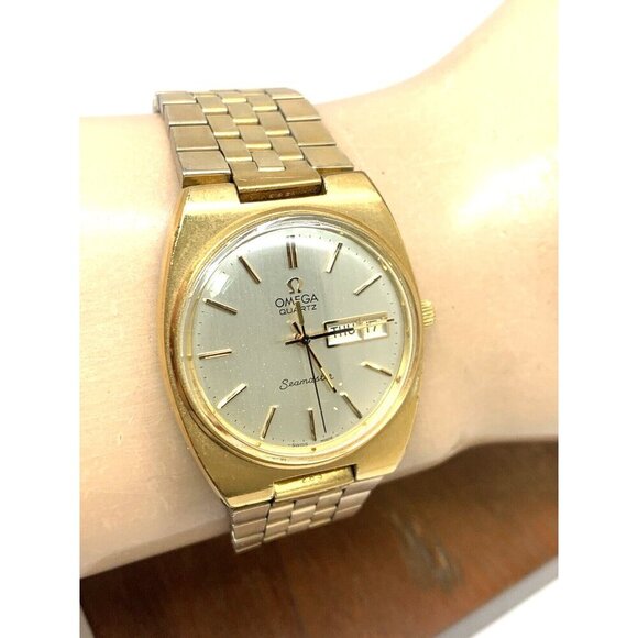 Omega Seamaster Men's Watch 1345 Vintage Swiss Quartz Day Date Gold Steel 34mm - Picture 11 of 14